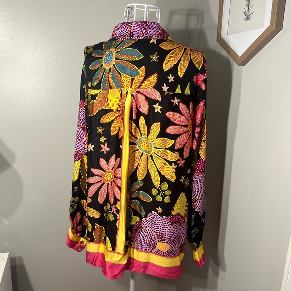 Cynthia Rowley Tunic Blouse Size 1X Button-up in Vivid Yellow Pink Purple Floral - Picture 3 of 5